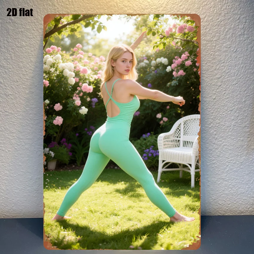 2D Flat - 1pc 2D Flat Iron Sign | Women Yoga Pose in Green Tights with Pink Flowers Background | Ideal for Farmhouse Decor, Fest