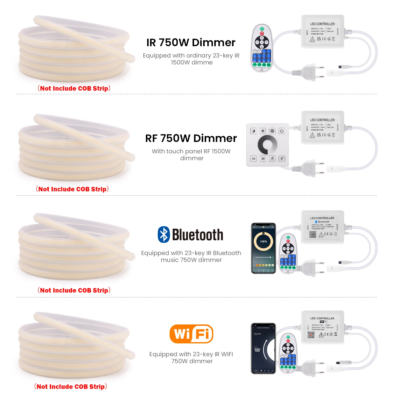 COB LED Strip Dimmer Controller 110V-240V WIFI/Bluetooth/RF Touch Panel For W10-11mm x H5-6MM Single Color COB Neon Strip Light