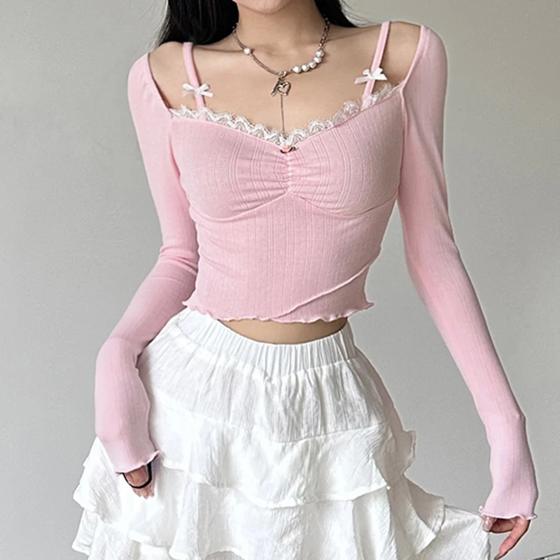 IAMHOTTY Sweet Lace Stitching V-neck Skinny Top Pink Coquette Aesthetic Slim-fit Long Sleeve Knitted T-shirts Cute Casual Tees