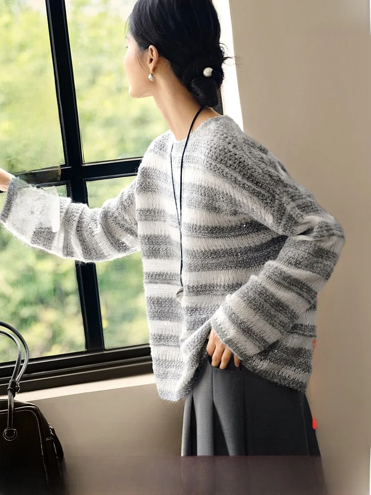 

Женский вязаный свитер из смеси шерсти, пушистый, свободный крой, полосатый длинный свек, мягкий, удобный, осенний, новый бренд Sle XWI