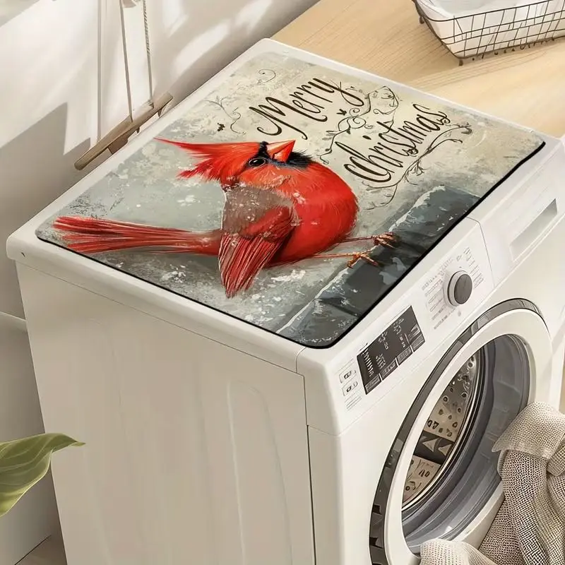 VIKAMA Red Cardinal Bird Christmas Winter Branch Washing Machine Top Cover Mat Vintage Farmhouse Xmas Dustproof Washer Dryer Pad