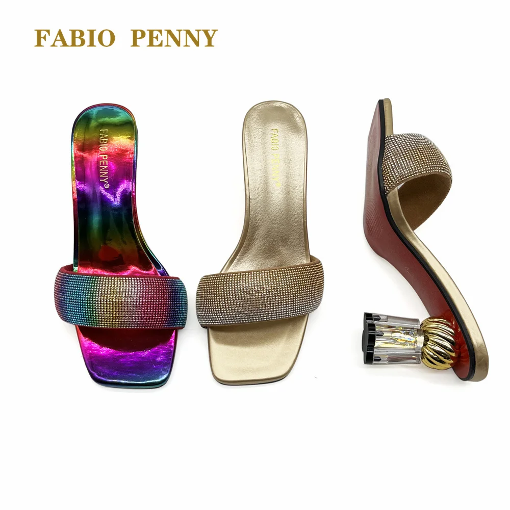 FABIO PENNY Summer Fashion Ladies Crystal Gold High Heels Slippers For Dinner Party Colored Rhinestone Slippers for Ladies