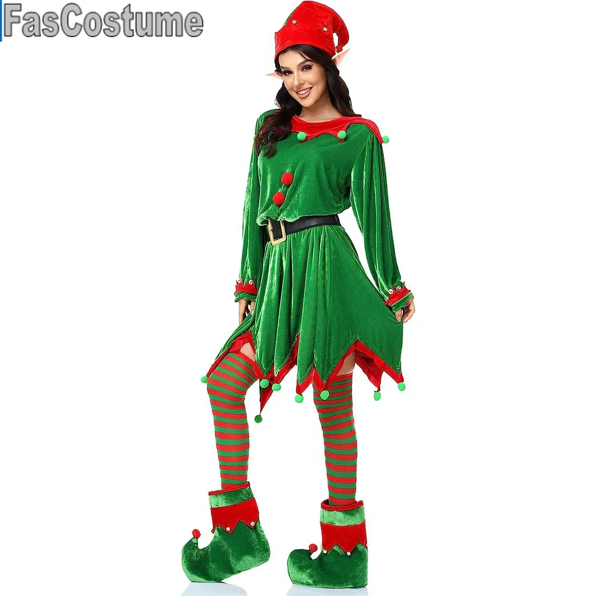 

FasCostum eChristmas SantaClausCostume WomenGreen Elf CosplayDress Adult Kids Belt Hat Elf Ear Suit New Year Xmas Party Outfits