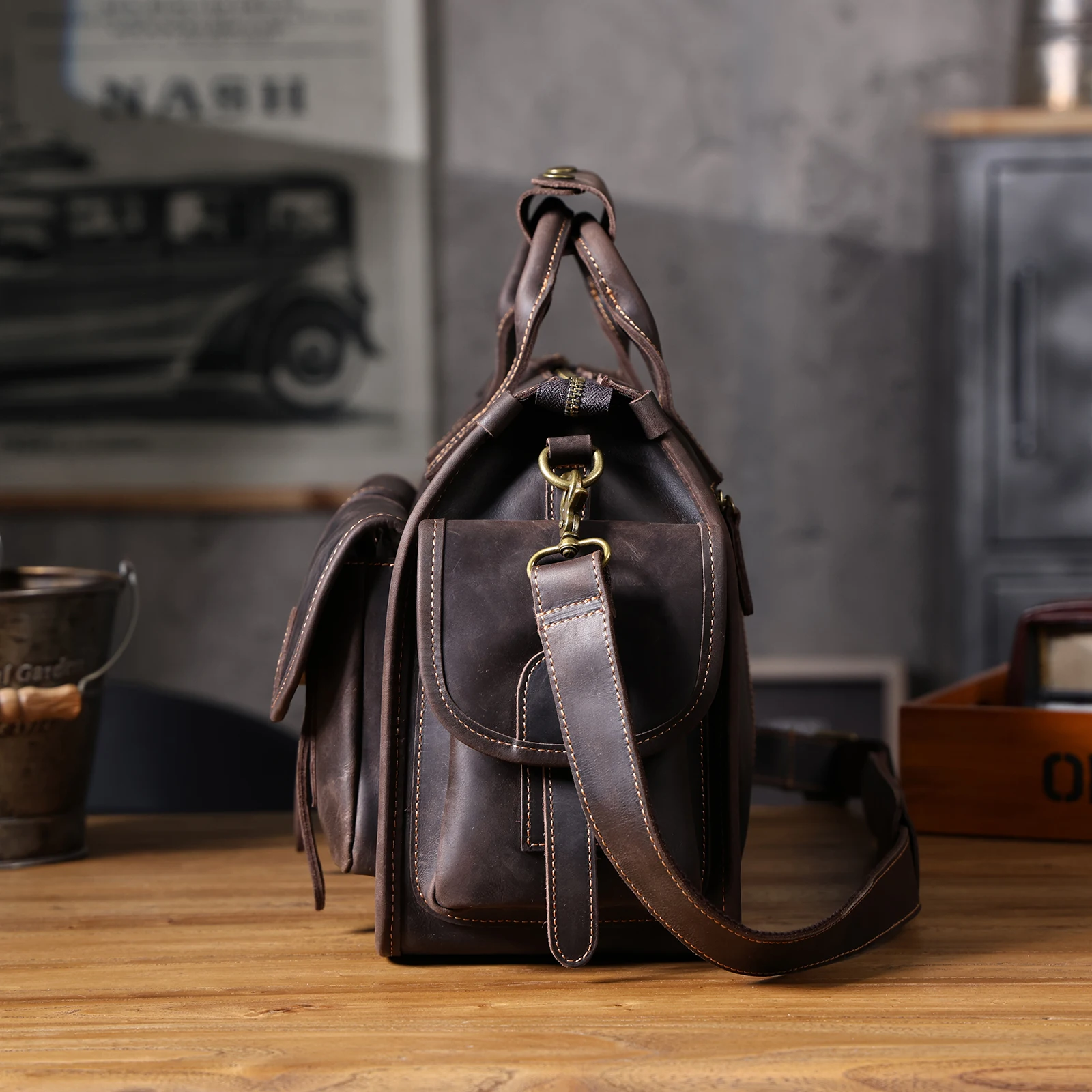 S.WORKER Vintage Echtleder Herren-Aktentasche 14" Laptop-Tasche Crazy Horse Leder Messenger-Handtasche Rindsleder Geschenkidee für Männer – Detail 11