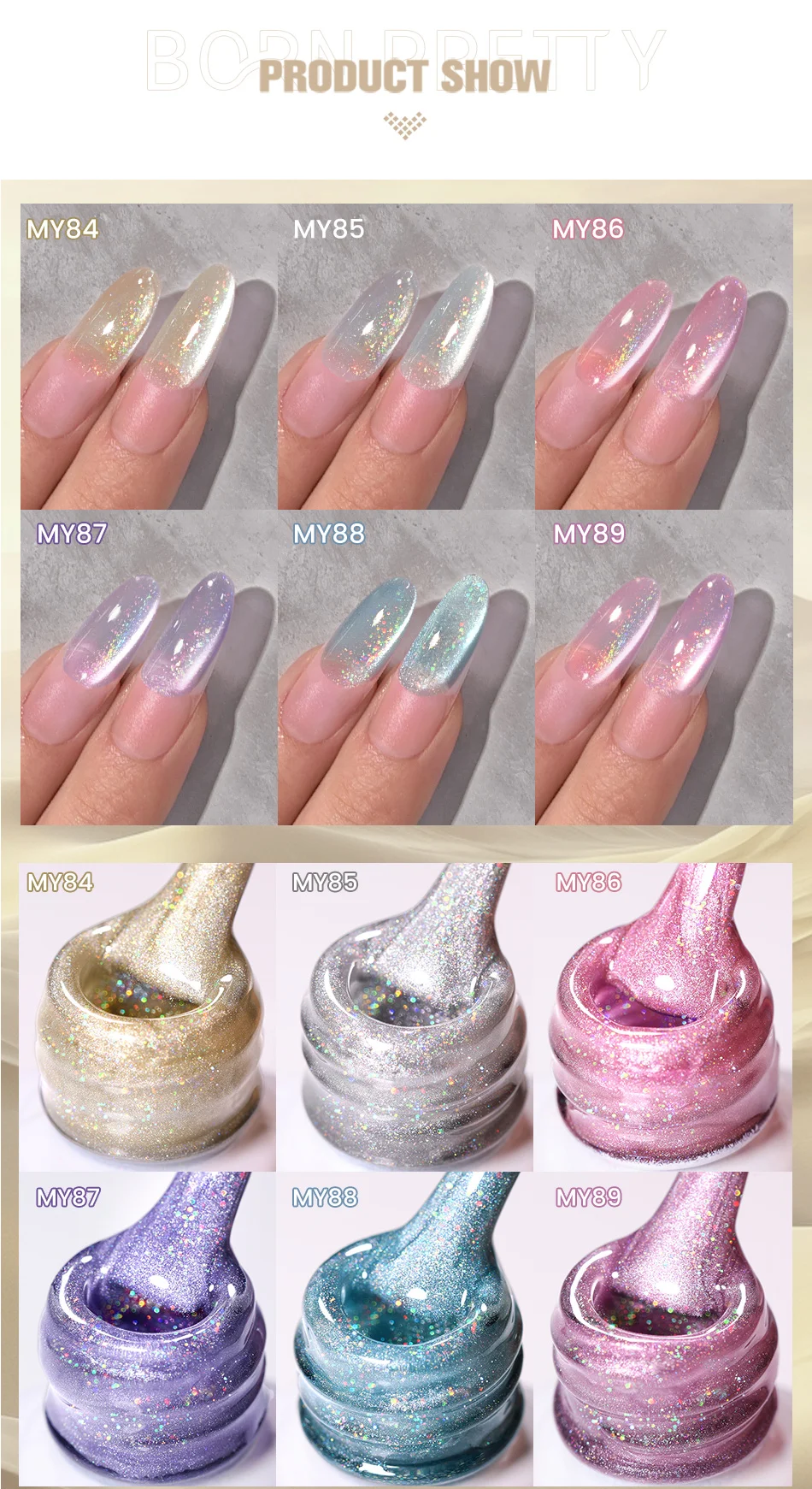 BORN PRETTY 10 ml Regenbogen Lila Wasser Licht Katze Magnetische Gel Nagellack Glänzende Super Splitter-licht Holographics Soak Off UV Gel – Detail 2