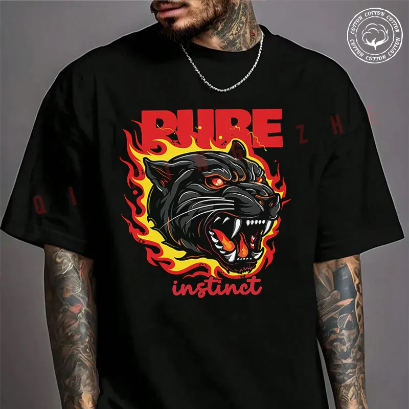 

2026 Men T Shirt Casual A Puma Head Wrapped In Fire Design Moto T-shirt Graphic Cotton Motorbike Biker Cafe Racer Chopper Tee