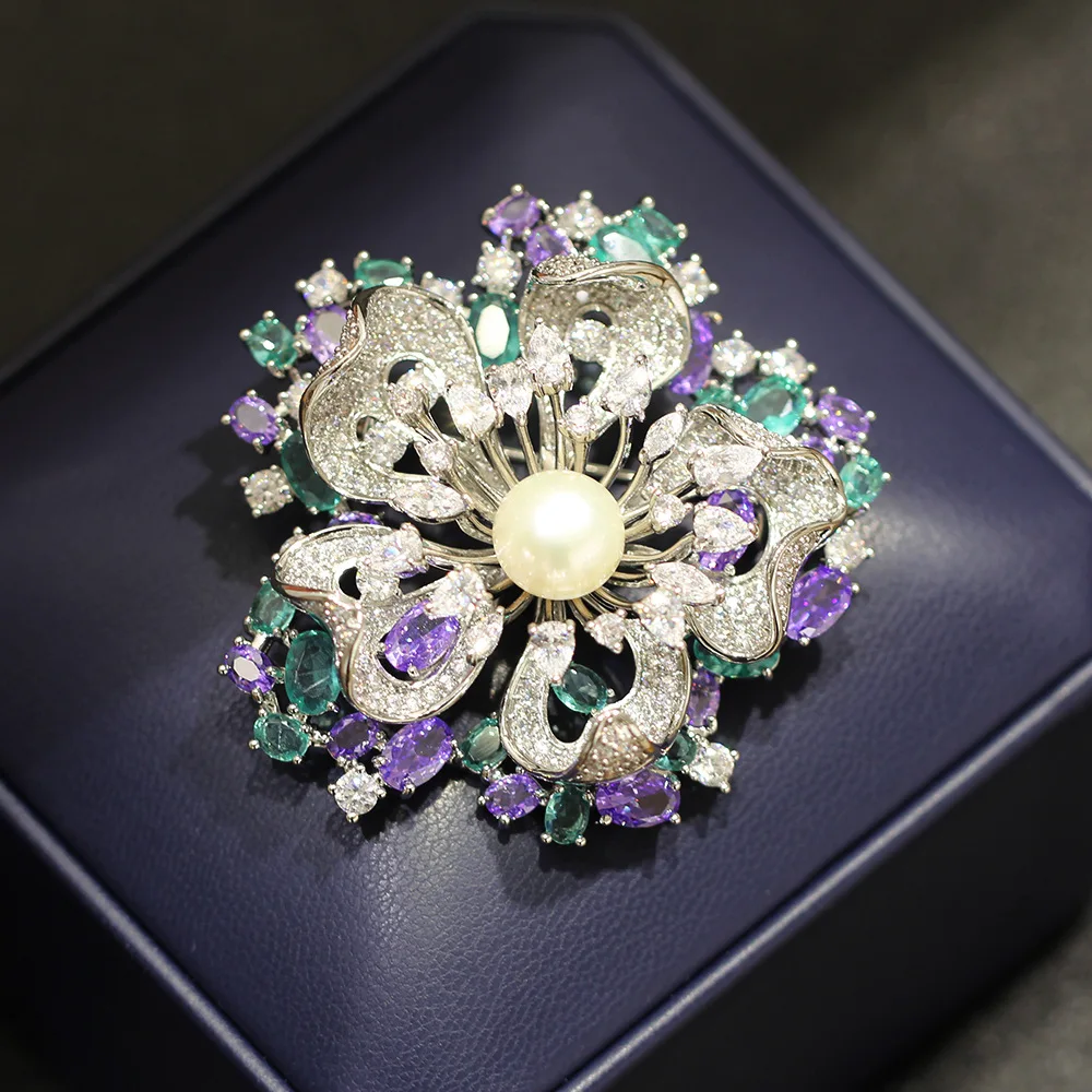 

New High-end Micro Inlaid Zircon Double-layer Rose Brooch Atmospheric and Luxurious Floral Freshwater Pearl Broche Pin for Women