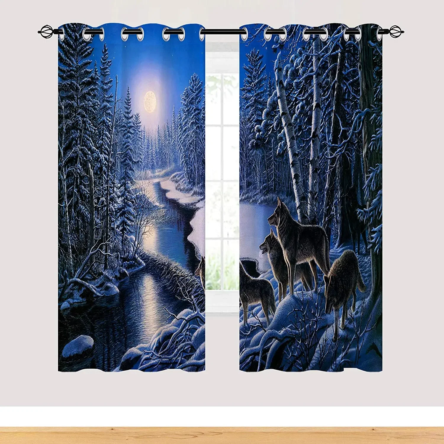 Living Room Decoration Blackout Curtains Winter Full Moon Timberwolves Design Elegant Room Curtains for Double Bedrooms