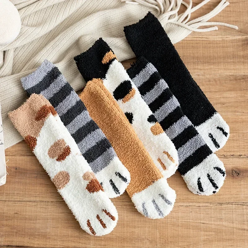 Plush Winter Cute Style Cat Paw Cartoon Pattern Women Cotton Socks Super Soft For Female Stay in the house Sleeping Floor Sox