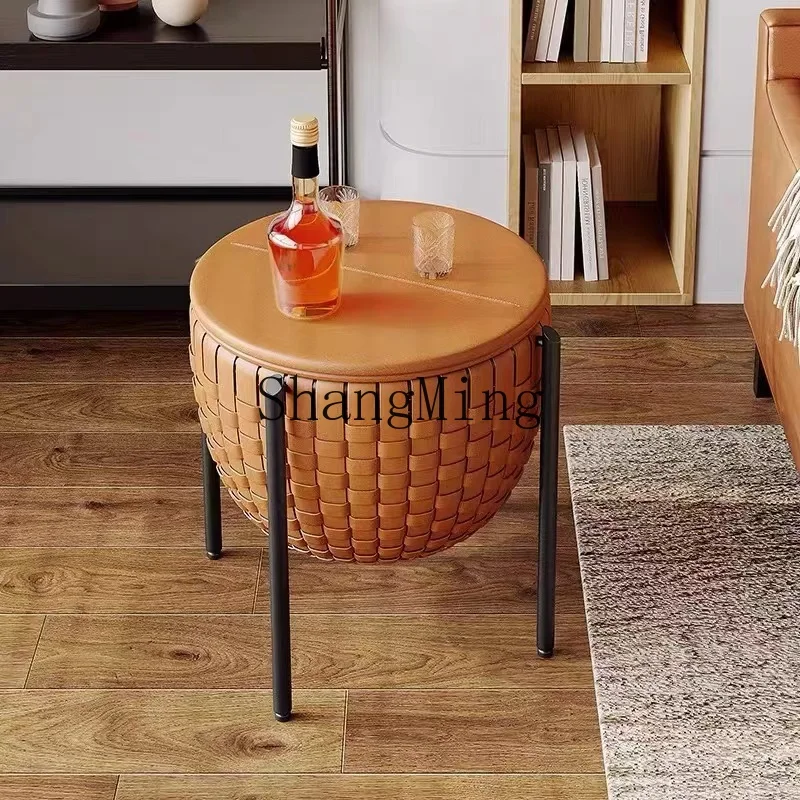 FGgoed uitziende lichte luxe minimalistische ronde salontafel met opbergruimte, klein appartement, hoogwaardige zijtafel van gevlochten zadelleer