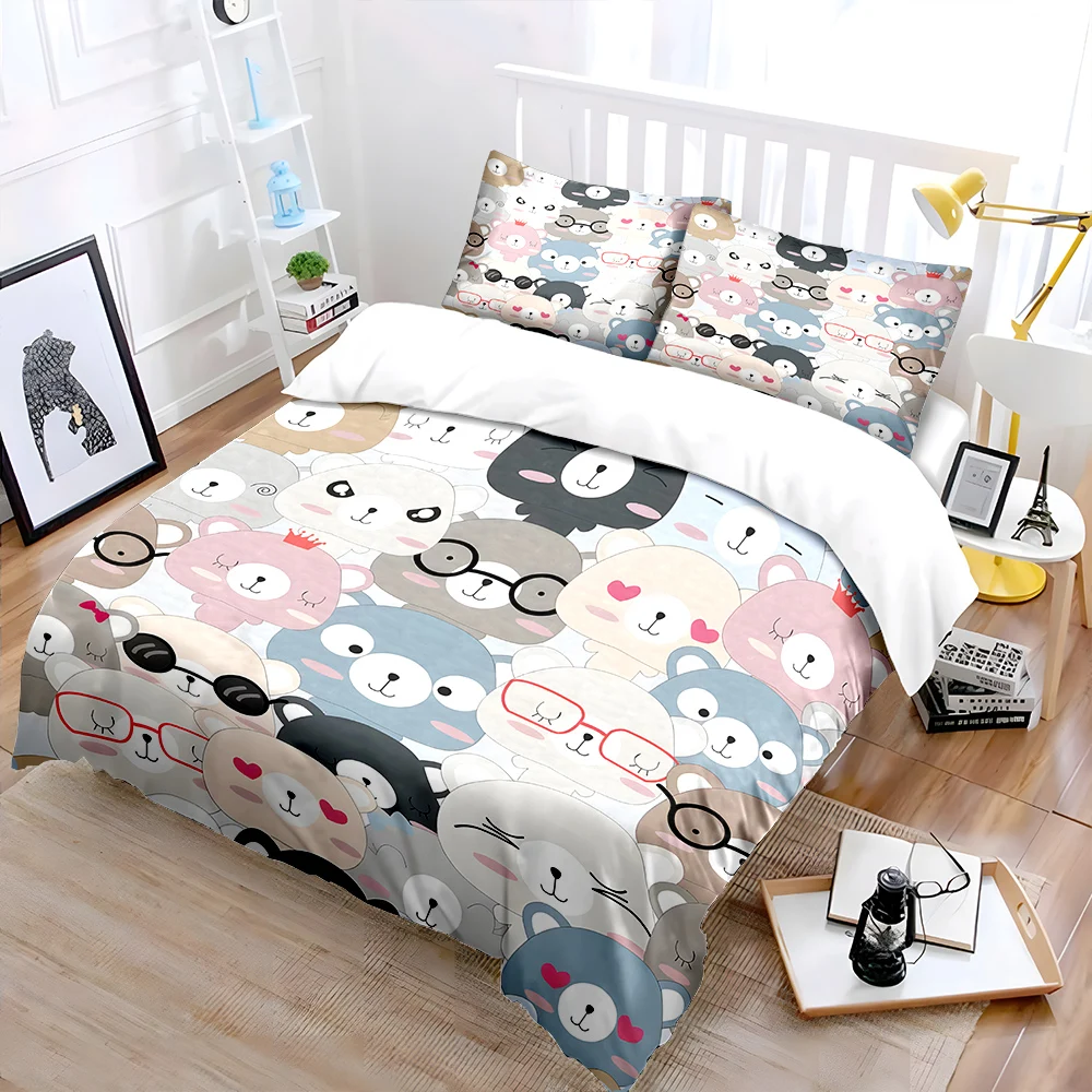 Cute cartoon bear pattern collection Bedding Set for Kids Luxury Gift 3pcs Digital Print Comforter Set Soft Comfortable