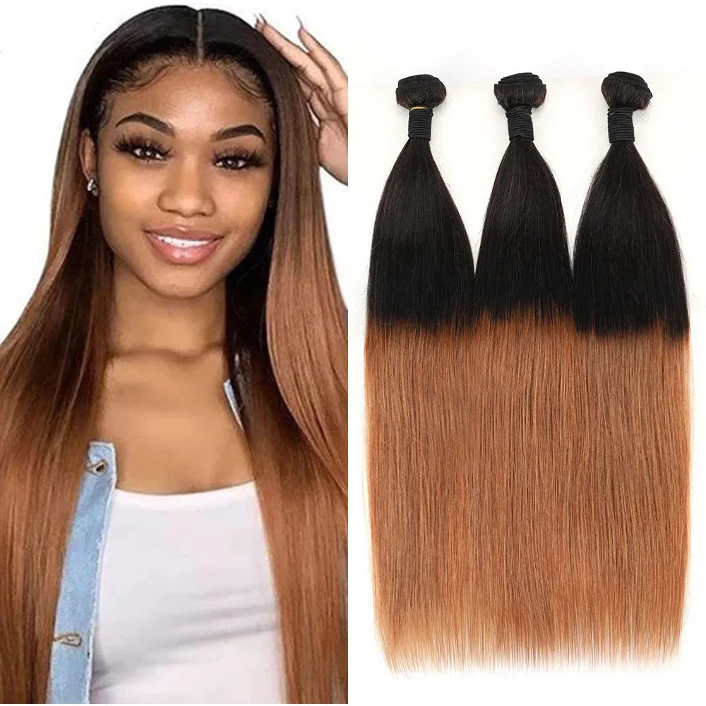 Straight Hair Bundles Human Hair Bundles 18Inch 3Bundles Deals T1B30 Ombre Brown Brazilian Hair Weave Bundles Extension