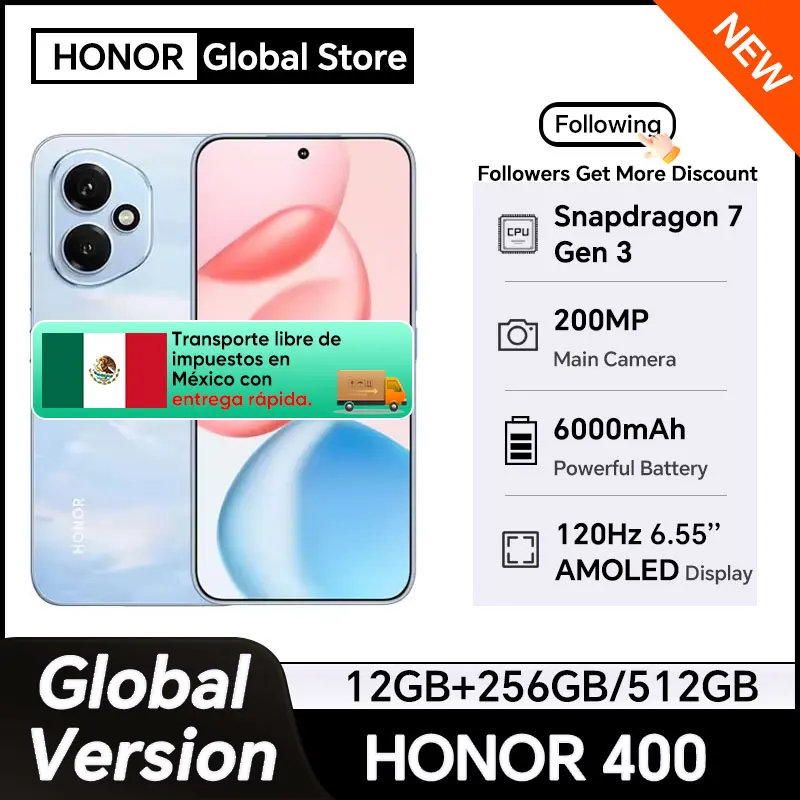 HONOR 400 Global Version 5G Smartphone 6.55'' AMOLED 120Hz Screen Snapdragon 7 Gen 3 6000mAh Battery 80W Supercharge eSIM IP66