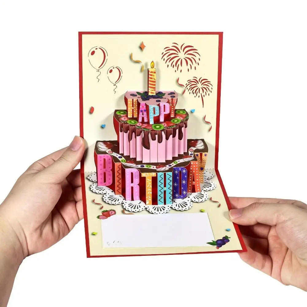 

New 3D Pop-Up Happy Birthday Card 3-Layer Chocolate Cake Musical Light Greeting Card Foldable with Envelope Gift Card