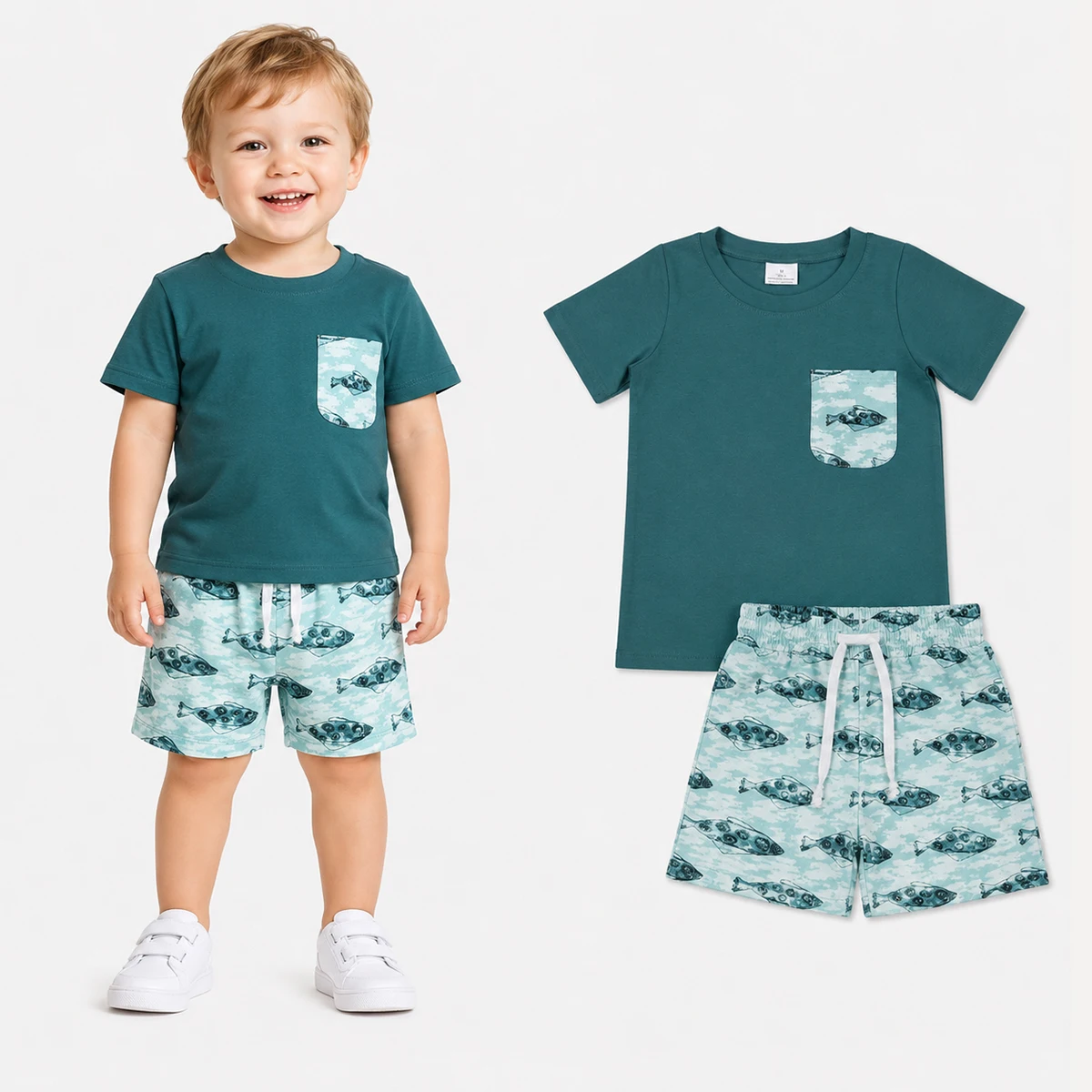 Baby Boy Clothes Dark Green Short Sleeve Shirts Top Fishes Shorts Hunting Set Fashion Children Kids Sets Outfit Wholesale