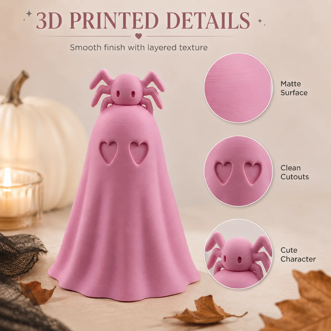Pink Halloween Ghost Decor, 3D Printed Cute Ghost Figurine, Spider Bat Pumpkin Skull Coffee Cat Tabletop Shelf Decoration