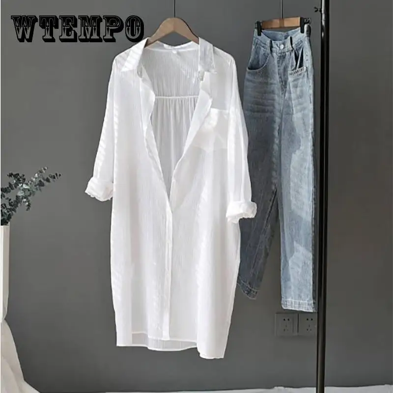 WTEMPO Women Clothes Blouse Summer Middle Long Student Shirt Top Korean Loose Cardigan Thin Coat Fashion