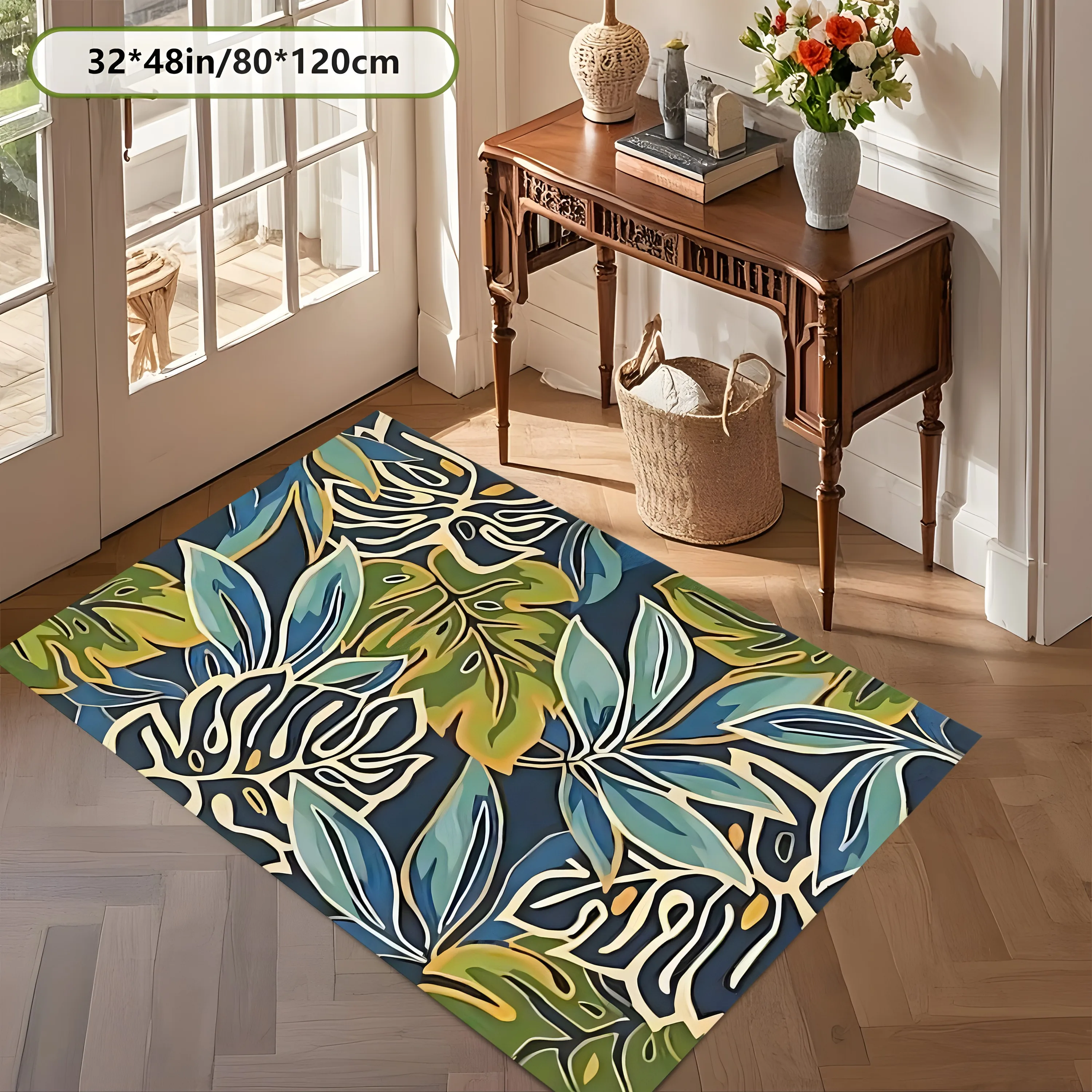 2D Carpet with Tropical Monstera Broadleaf Pattern in Retro Southeast Asian Style for Living Room and Bedroom