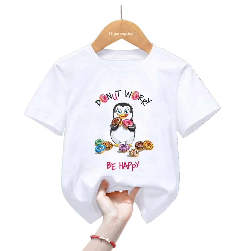 Funny Kids Clothes Don'T Worry Be Happy Penguin/Hedgehog/ Pig Love Donuts Graphic Print T Shirt Girls Kawaii Kids Clothes Tops