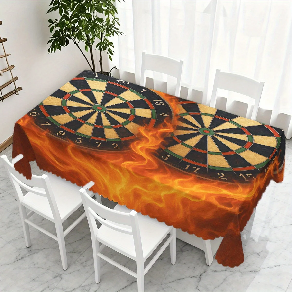 Fire Flame Dartboard Game Target Print Waterproof Tablecloth, Rectangular Table Cover for Game Room Home Party Dining Decor
