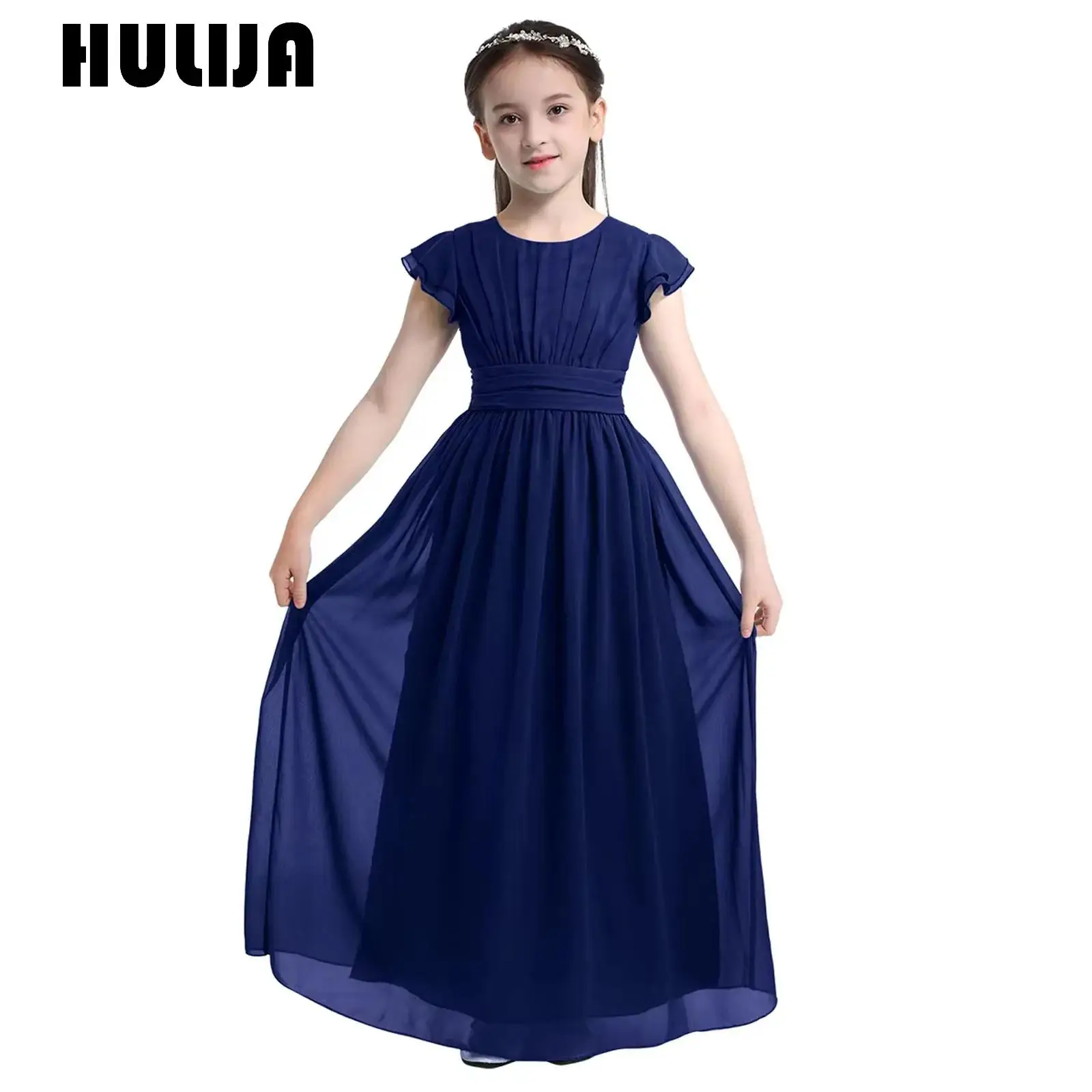

Kids Flower Girls Wedding Bridesmaid Long Dress Princess Summer Dress Prom Party Flutter Sleeves Pleated Chiffon Maxi Gown