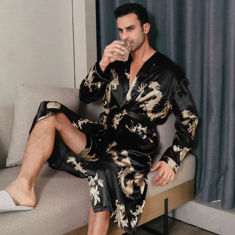 Classic Men's Dragon Pajamas Four Seasons Breathable Long Sleeve Nightwear Sexy Festive Red Couples Homewear Robe Large Male