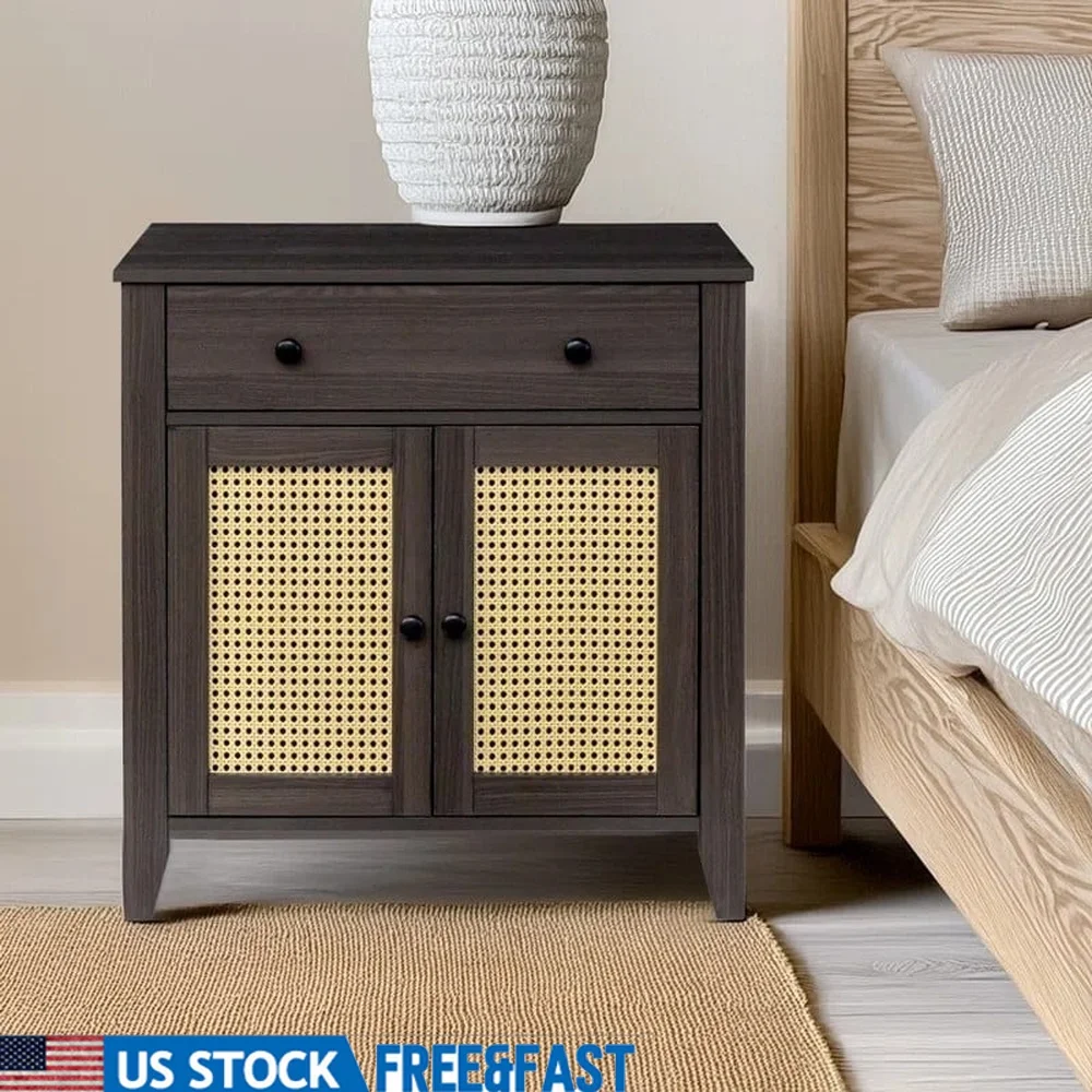 Rattan End Table Storage Cabinet with Adjustable Shelf Sliding Drawer Indoor Accent Table Walnut Finish Easy Assembly