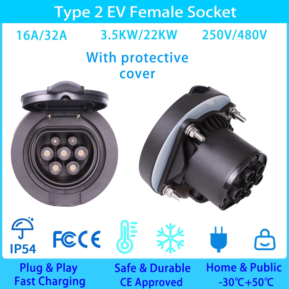 Unirise Type 2 Socket 16A-32A 1/3 Phase IEC 62196-2 Charging Station Socket for EV Charging Type2 Female Charger Connector