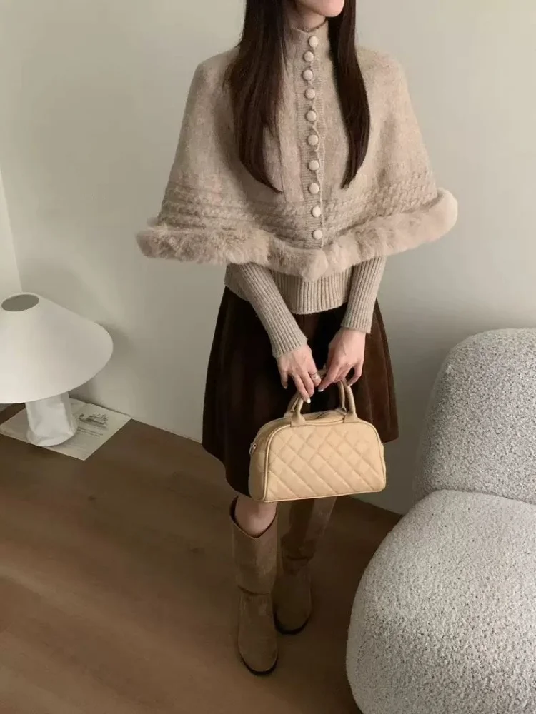 French Vintage Spliced Furry Cloak Shoulder Sweater Two-Piece Set Autumn New Style Elegance Women's Knitted Top