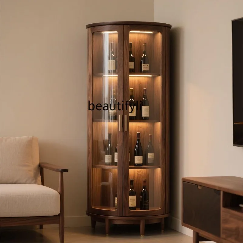 

Black Walnut Glass Round Wine Cabinet Modern Simple Light Luxury Round Display Solid Wood Decorative Side Cabinet