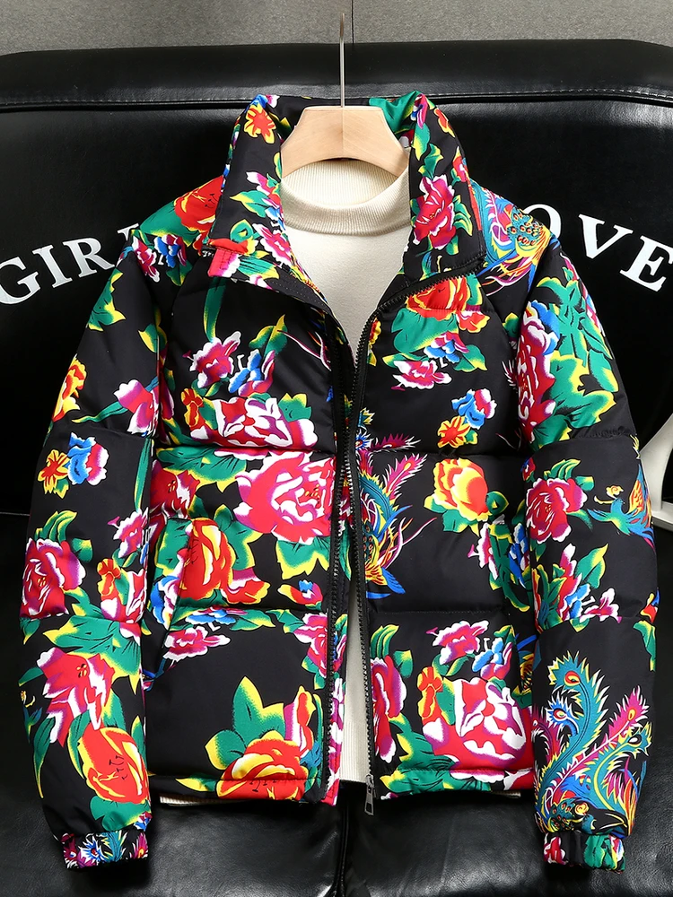 

Thiened Winter Cotton Jaet Men Women Sle Peony Flower Warmth Outerwear Casual Long Sve Zipper Closure Cleanfit Sle