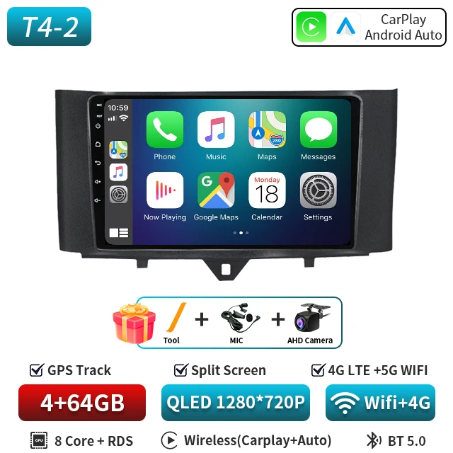 Android 16 Autoradio Voor Smart Fortwo 451 2010-2015 Multimedia GPS Navigatie DSP RDS 4G SWC CarPlay 2Din 9 inch Android Auto BT