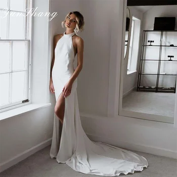 Yunshang Einfache Meerjungfrau Brautkleider 2024, Neckholder, offener Rücken, geteilte Knöpfe, ärmelloses Brautkleid, Vestidos De Novia, individuell