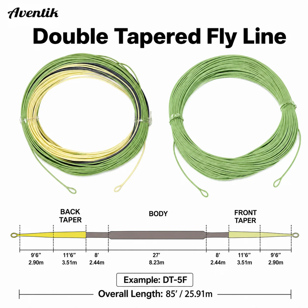 Aventik dt linha de mosca flutuante 85 pés linha de pesca com mosca cônica dupla 1-8wt para truta salmão baixo água doce/salgada