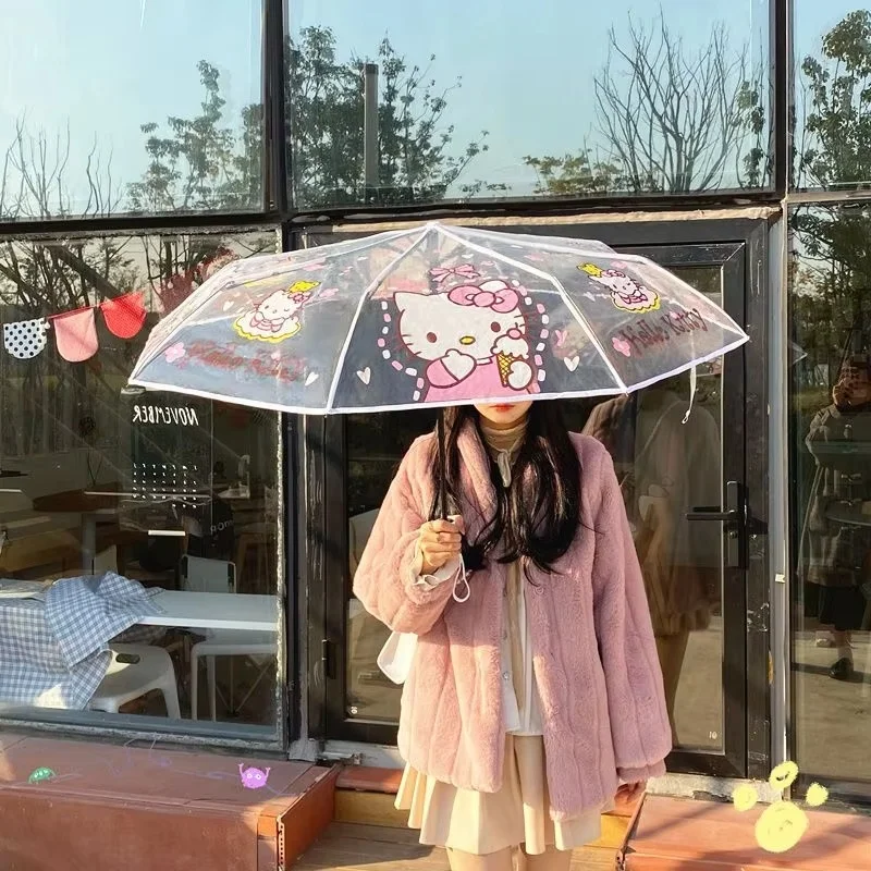 Umbrella Sanrio Hello Kitty Cinnamoroll Kawaii Cartoon Transparent Thick Umbrella Automatic Fold Student Long Handle Ins Gift