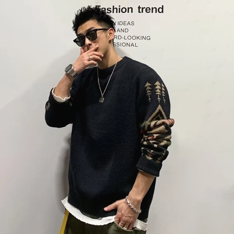 เสื้อสเวตเตอร์ไหมพรมคอโอทรงเอธนิคสำหรับผู้ชายสไตล์ฤดูใบไม้ร่วง Y2K วินเทจ สตรีทแวร์  รุ่นใหม่ล่าสุดปี 2025 ลายพิมพ์ลำลองสำหรับผู้ชาย