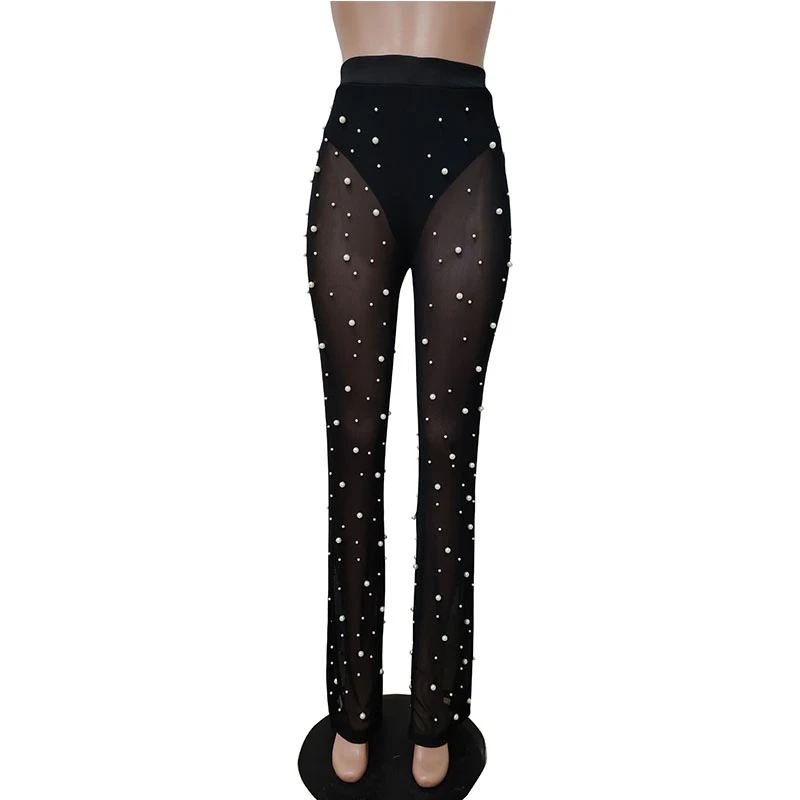 Sheer Mesh Blase Wulst Lange Flare Hosen Frauen Sexy Sehen Durch Beiläufige Breite Bein Hosen Mode Nachtclub Party Böden