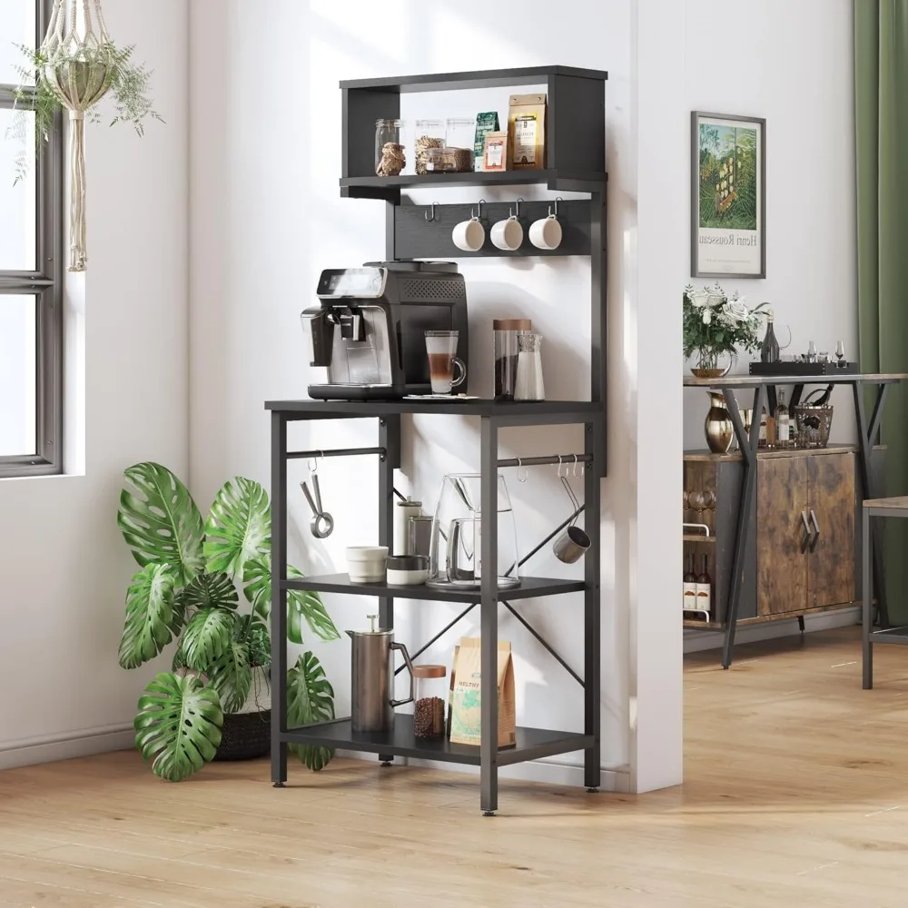 Kitchen Baker's Rack with Microwave Stand, Utility Storage Shelf, Coffee Station, 8 Side Hooks for Kitchen Organization and Spac