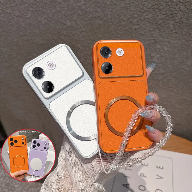 Luxury Vintage PU Lychee Leather with Magnetic Circle Crystal Beaded Strap TPU Phone Case For Poco M7 Pro Plus M7pro Back Cover
