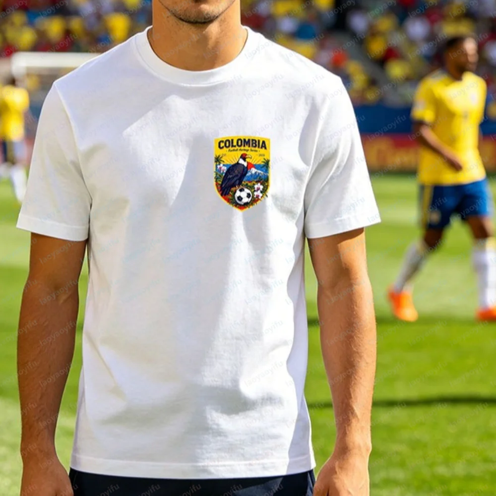 2026 Soccer Colombia Front Back Macaw Condor Crest Men Tee Cotton Football Fan Graphic Short Sleeve Supporter Match Tshirt Wear