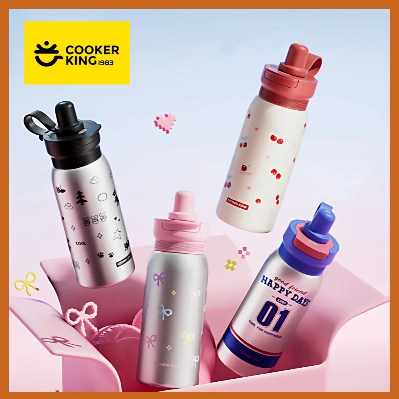 

COOKER KING Portable Children's Straw Cup Thermos Mug Stainless Steel Vacuum Flask Cold&Hot Sports Cup Water Mug Insulated Cup