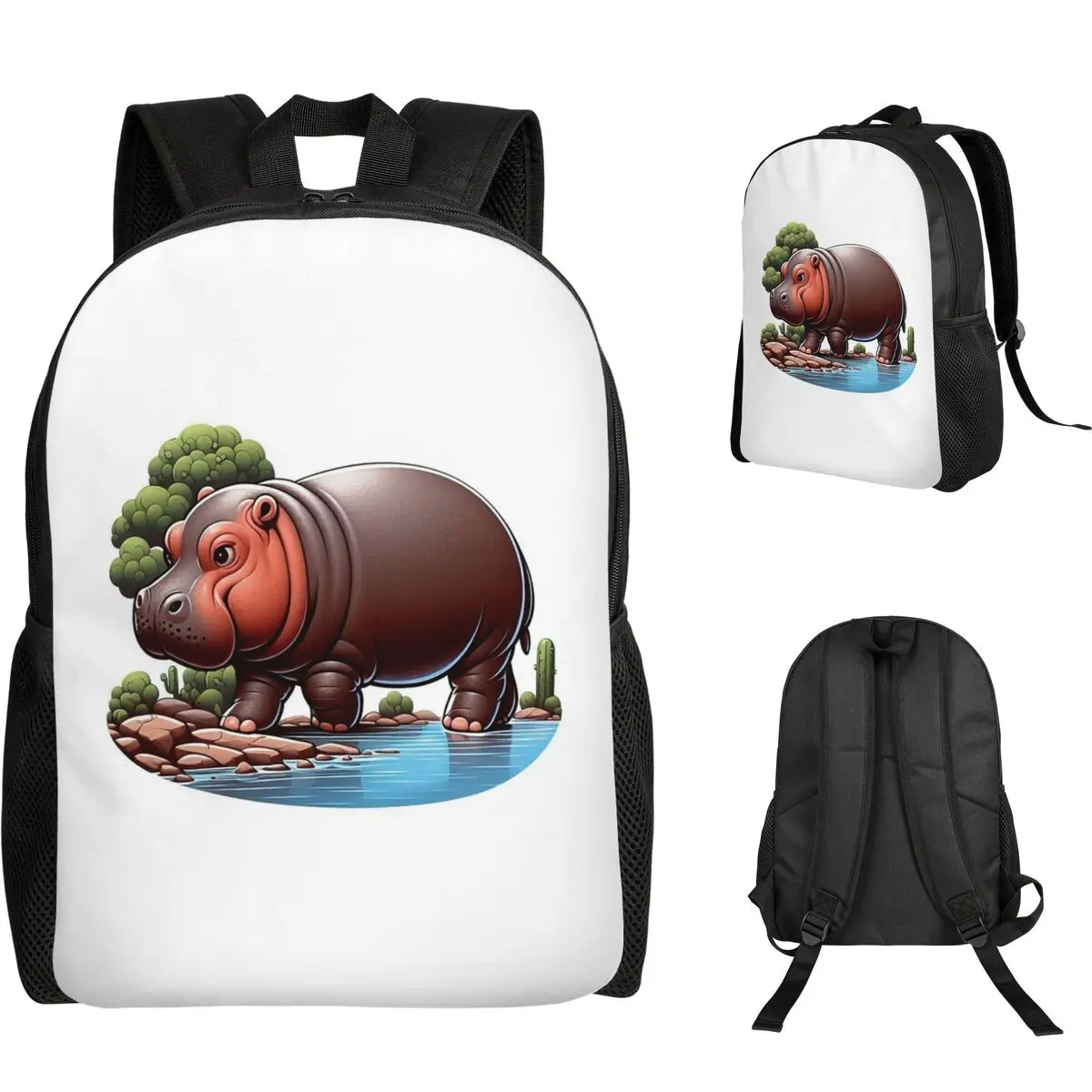 A Pygmy Hippopotamus Strolling By The River Student Backpack School Bag Hiking Travel Daypack Men Women Bookbag Shoulder Bags