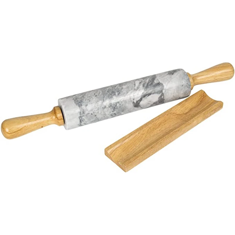 Marble Rolling Pin With Wooden Barrel Handle Base-Set For Baking Donut Cookie Pasta Dough Pastry Fondant Pie Chef