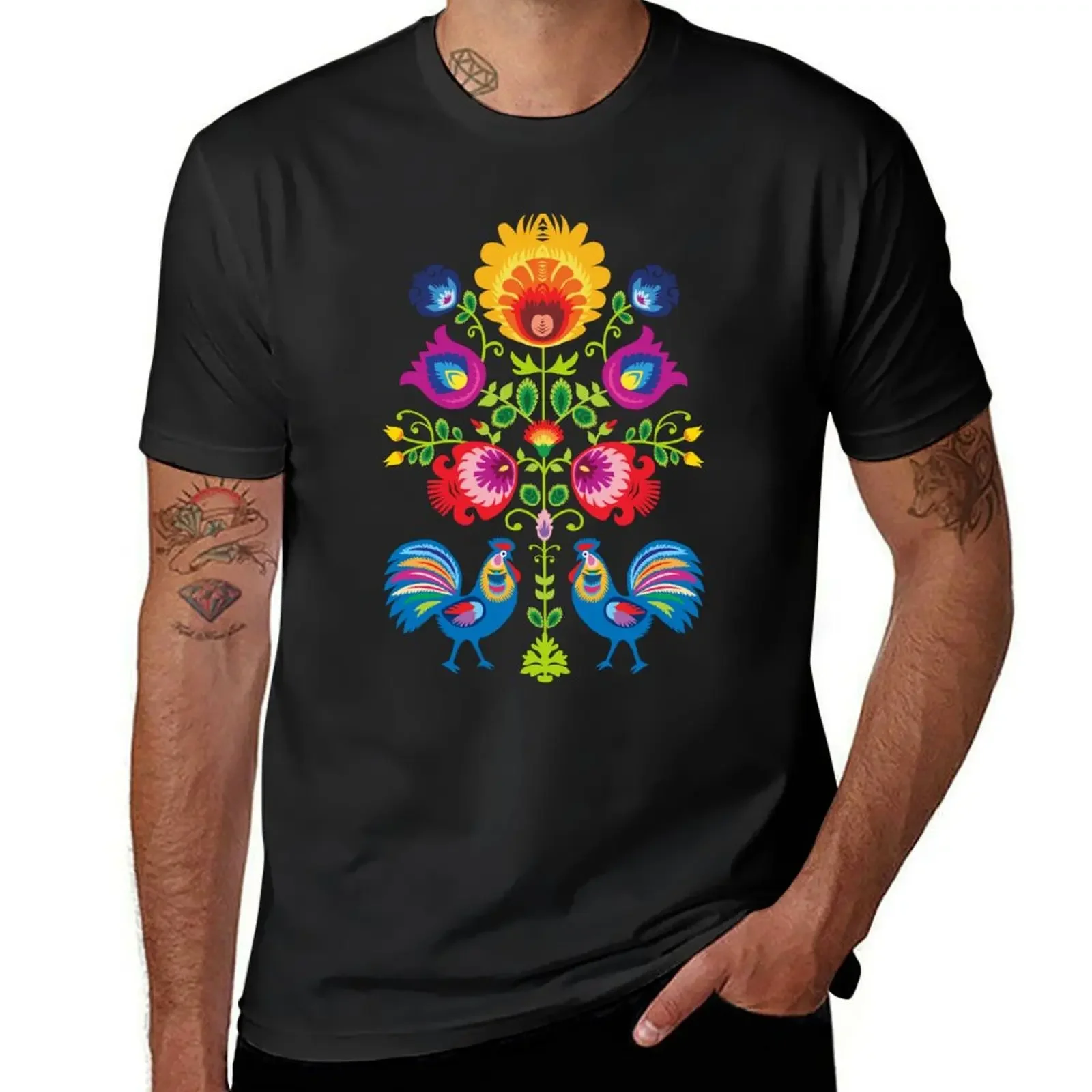 Folk composition with flowers and roosters - wycinanki on black T-Shirt plus size tops baggy shirts anime t shirts shirts men