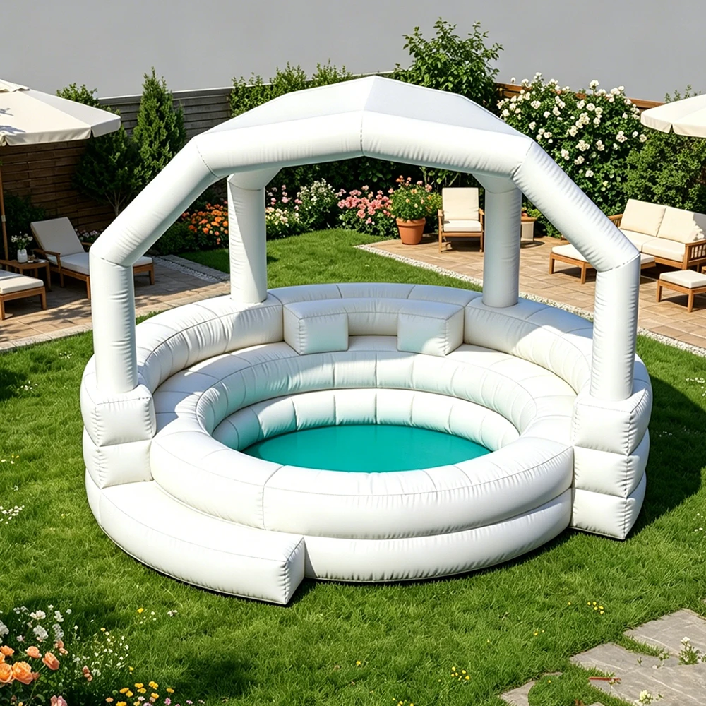 Inflatable Swimming Pool, White Canopy Outdoor Family Lounge, Built-in Seats, 6-Person Capacity, Easy Setup