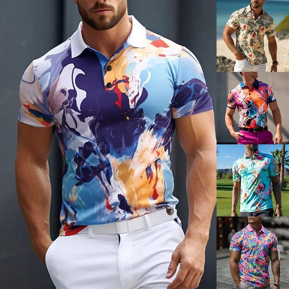 Men Summer Short Sleeve 3D Floral Print Lapel Button T-shirts Fashion Casaul Streetwear Holiday/Daily