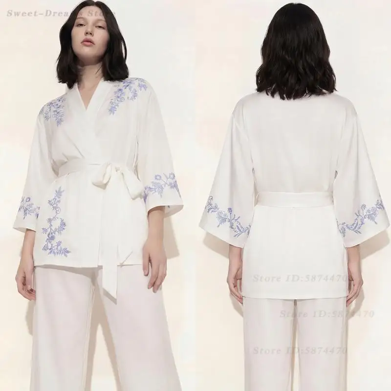 

Silky Satin Pajamas Set Print Flower Female Cardigan Trouser Pyjamas Suit Loungewear Spring Summer New Sleepwear Home Wear