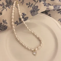 Fashion Korean Style Freshwater Pearl Necklace For Women Gentle Vintage Clavicle Chain Zircon Pendant Necklace Party Jewelry