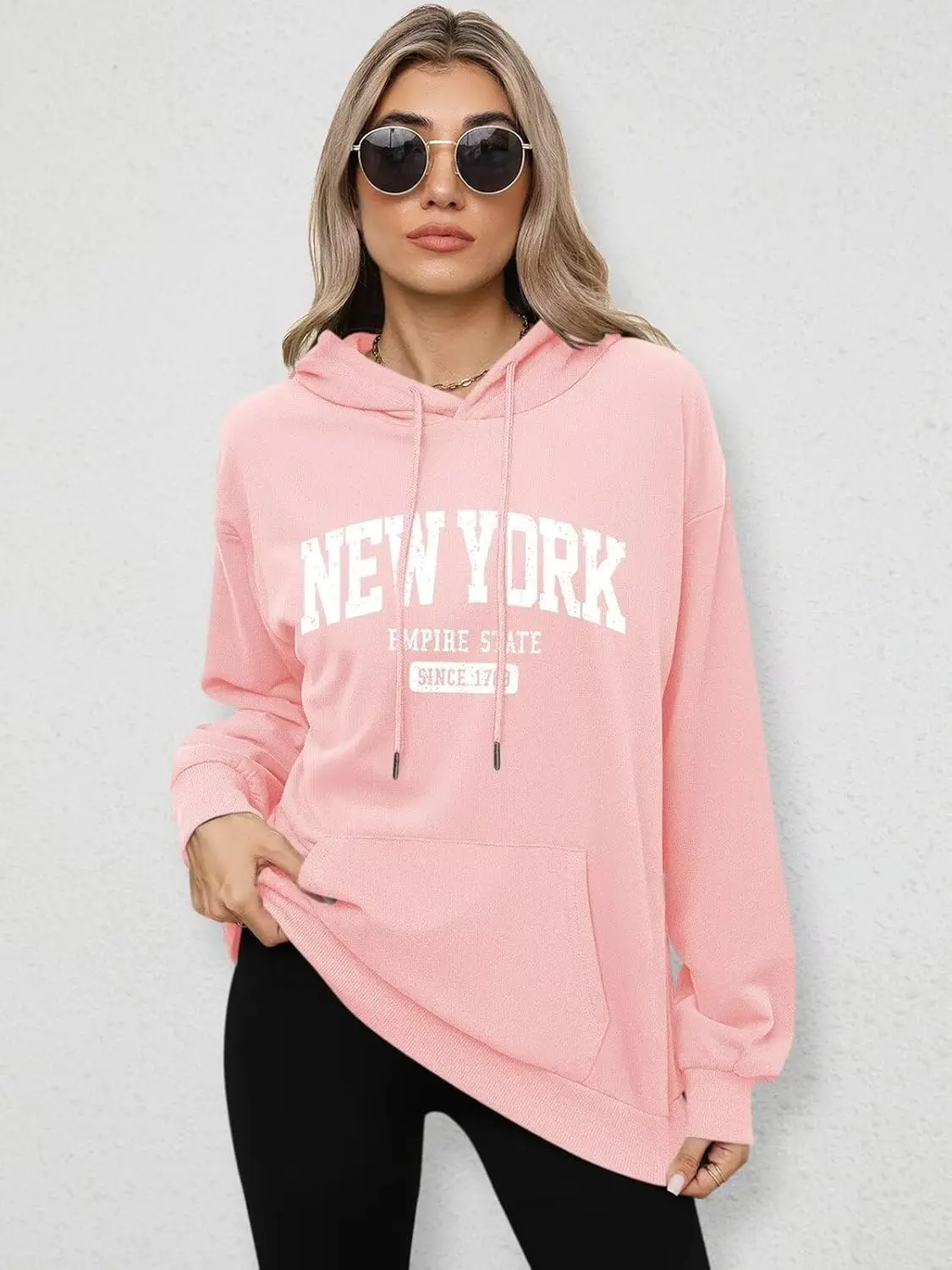 New York Letter Graphic Print Hoodies for Men Women Pink Long Sleeve Retro Drawstring Fall Pullover Sweatshirt Tops Simple