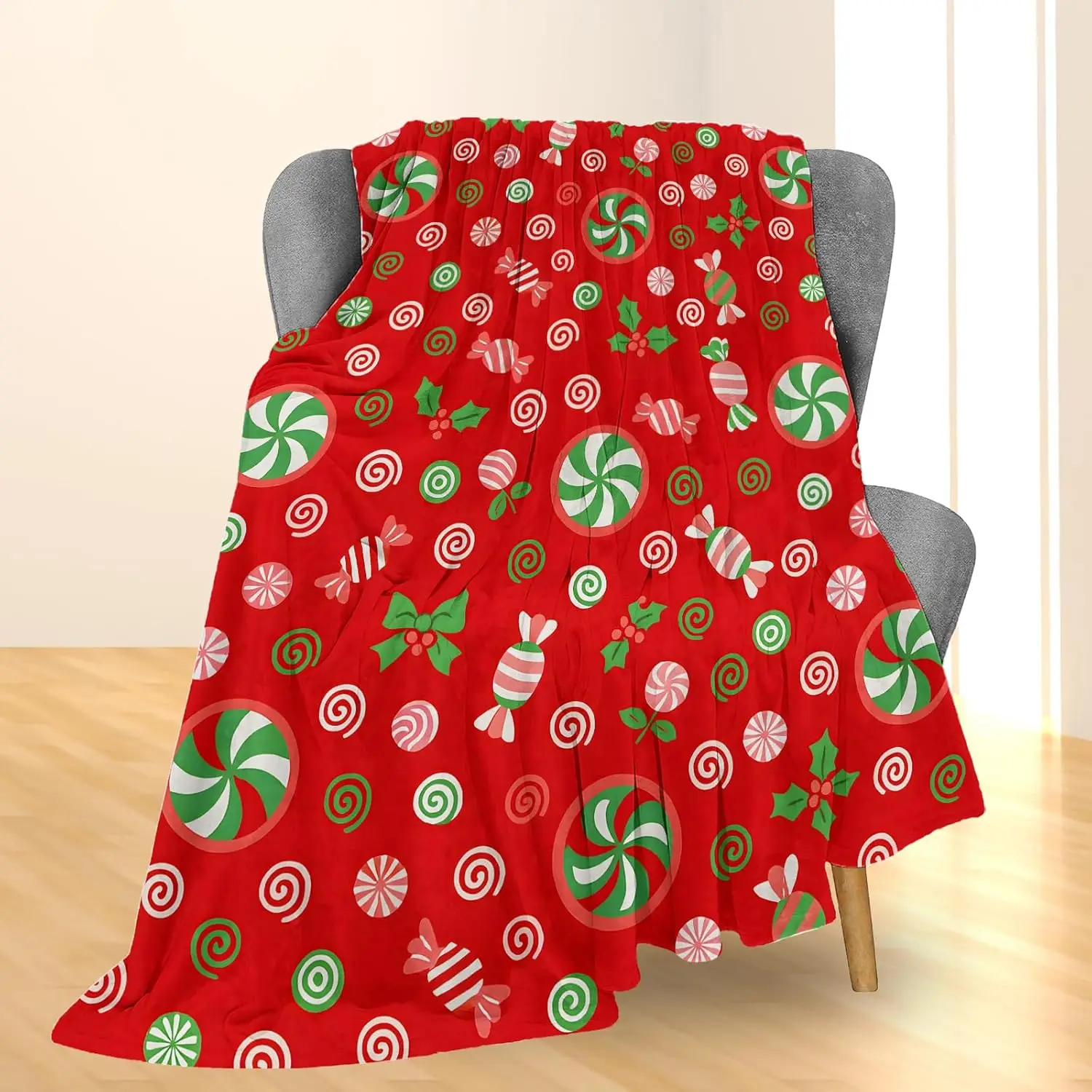 Christmas Candy Blanket, Soft Lightweight Flannel Candies & Holly Leaves Throw Blanket for Couch, Bed, Travel & Decor Gifts,Cozy